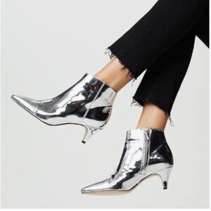 Silver Women Trendy Metallic Kitten Heel Ankle Boots Pointy Toe Side Zip Shoes